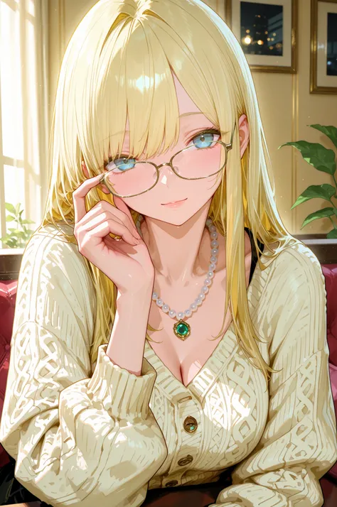 gorgeous adult woman, long neck, long blonde hair, bangs, perfect eyes eyes, soft light, high quality, 4k resolution, casual clothes, bead necklace, knit cardigan, looking at viewer, Put left hand on left cheek and think, ((When she takes off her glasses))...