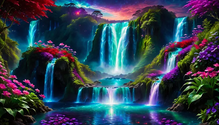 Shiny purple |Pink|turquoise green |Cobalt Blue|blue waterfall amongst strange magic flowers, At night, glowing fairy lights , magic, High quality fairyland waterfall, Realistic Water, ripple, 8k,(A mysterious and majestic large waterfall that can be seen ...
