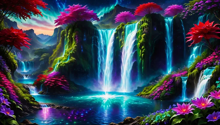 Shiny purple |Pink|turquoise green |Cobalt Blue|blue waterfall amongst strange magic flowers, At night, glowing fairy lights , magic, High quality fairyland waterfall, Realistic Water, ripple, 8k,(A mysterious and majestic large waterfall that can be seen ...