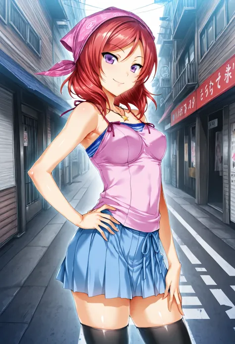 Masterpiece, best quality, hisasi,standing, cowboy shot,nishikino maki,bandana,camisole, tube top, star necklace, black thighhighs, skirt,zettai_ryouiki, japan streets, looking at viewer,solo, smile,hand on hip, lively image
