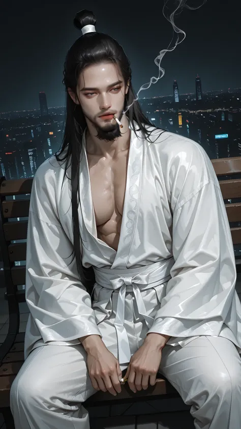very aesthetic, 걸작, 고해상도, 8k 해상도, high contrast, (semi-realistic), newest, koreanai, best_quality, finely_detailed_eyes_and_detailed_face, (1 man), handsome, fantasy, solo, topknot, (no bangs, forehead exposed),muscular, beard, black_eyee, white_hanfu, nav...