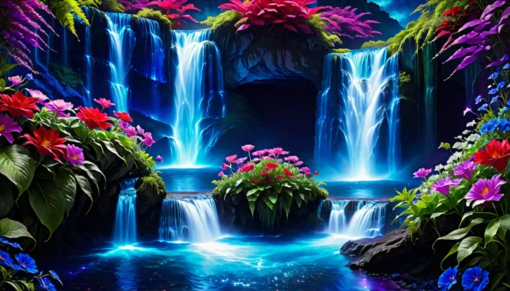 Shiny purple |Pink|turquoise green |Cobalt Blue|blue waterfall amongst strange magic flowers, At night, glowing fairy lights , magic, High quality fairyland waterfall, Realistic Water, ripple, 8k,(A mysterious and majestic large waterfall that can be seen ...
