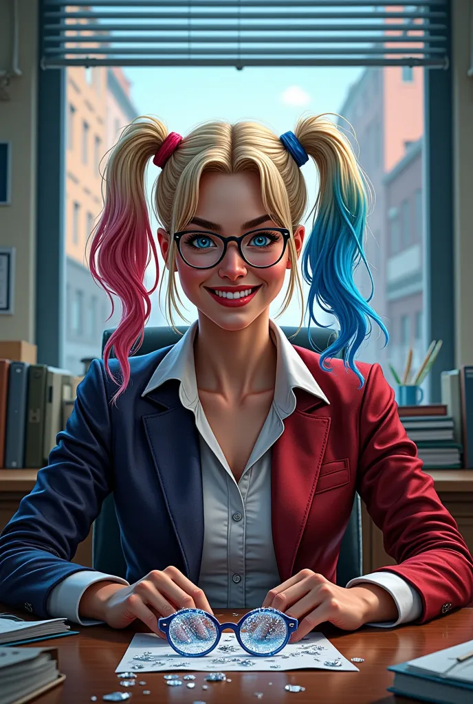 A young woman sitting in a quiet office, wearing glasses, neat hairstyle, and dressed like a therapist. The moment she removes her glasses, her expression shifts from calm to wild—she transforms into Harley Quinn. Her hair turns into iconic red and blue pigtails, her clothes become chaotic and colorful. She grins mischievously, holding a sparkling baseball bat. The shattered glasses lie on the floor, symbolizing the transformation. The background changes from clinical office to a vibrant, chaotic street scene. Comic-book style, dynamic lighting, transformation energy. She has already taken off her glasses, which now rest clearly on the desk in front of her. Her face is fully visible, no glasses on her eyes.

