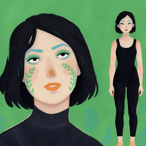 1girl, 2d art, flat colors, full body portrait, black clothes, dynamic poses, simple black eyes, gouache texture, full body portrait, gouache painting, vibrant colors, chiseled features, thick gouache render, novuschroma57 style cartoon, in gougoupaintleav...