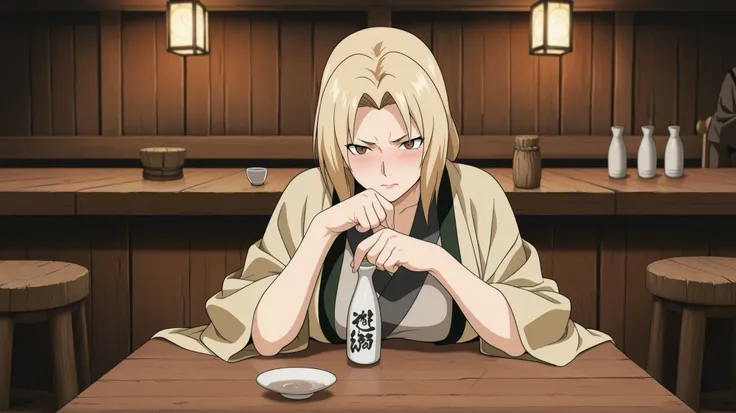 (masterpiece, highest quality, anime style, ultra detailed, 8k, panning shot of Tsunade Senju sitting alone at a table in a quiet tavern, mature woman with long golden blonde hair, wearing simple, slightly worn civilian clothes, no green haori, elbows rest...