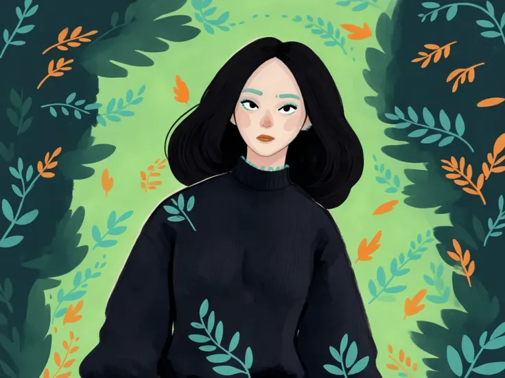 1girl, 2d art, flat colors, full body portrait, black clothes, dynamic poses, simple black eyes, gouache texture, full body portrait, gouache painting, vibrant colors, chiseled features, thick gouache render, novuschroma57 style cartoon, in gougoupaintleav...