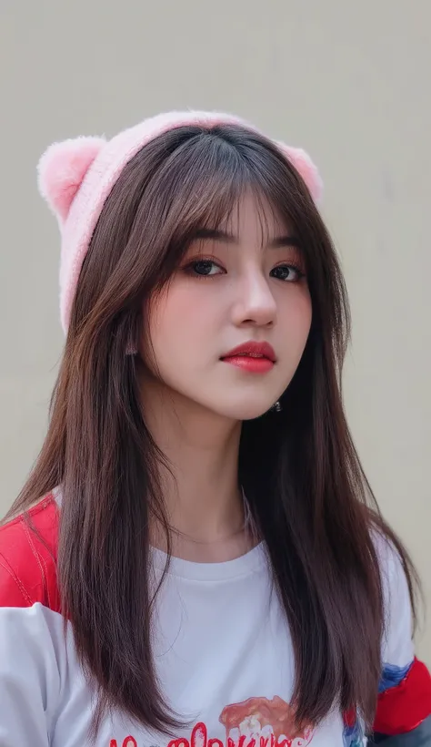 8k, masterpiece, half view , fashion photography ,dynamic posture, Indonesian girl, Pretty girl wearing a long shirt, , , , , straight white hair and bangs, White skin, bright blue eyes with pink and blue eyeshadow, nude lips, wearing a bright outfit, , , ...