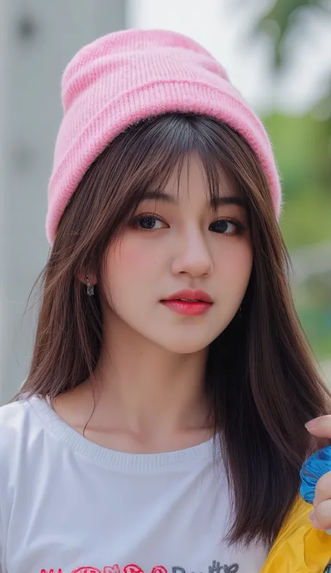 8k, masterpiece, half view , fashion photography ,dynamic posture, Indonesian girl, Pretty girl wearing a long shirt, , , , , straight white hair and bangs, White skin, bright blue eyes with pink and blue eyeshadow, nude lips, wearing a bright outfit, , , ...