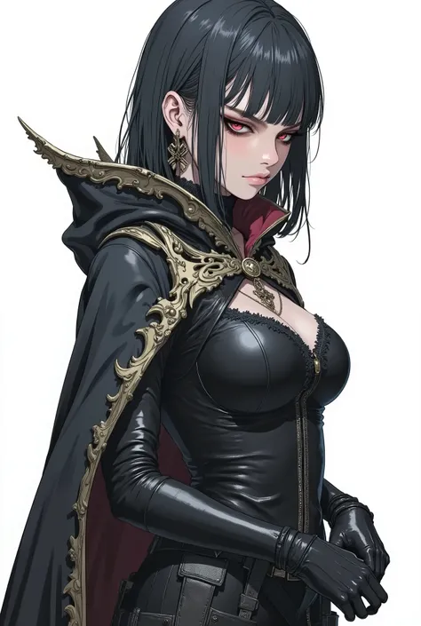masterpiece, latest, very aesthetic, A very beautiful 25 year old girl, mixed race oriental, oriental features, hair with straight cyberpunk style bangs, black hair and medium length, she is wearing a cape with leather clothes underneath, "Assassins Creed"...
