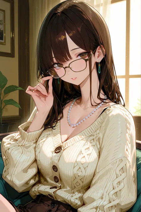 gorgeous adult woman, long neck, long dark brown hair, bangs, perfect eyes, soft light, high quality, 4k resolution, casual clothes, bead necklace, knit cardigan, looking at viewer, She pinches the tendrils of her glasses with her fingers.