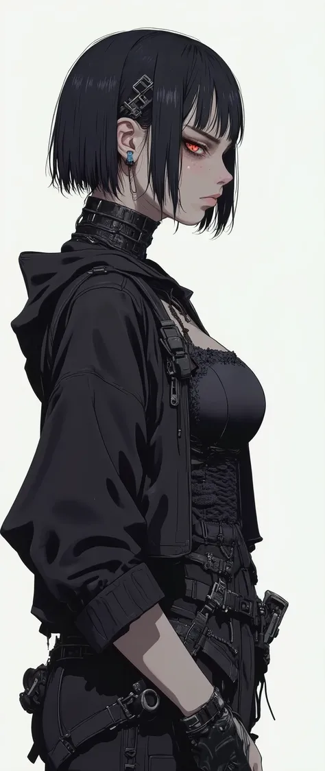 masterpiece, latest, very aesthetic, A very beautiful 25 year old girl, mixed race oriental, oriental features, hair with straight cyberpunk style bangs, black hair and medium length, she is wearing a cyberpunk style hood, "Assassins Creed" style clothes w...