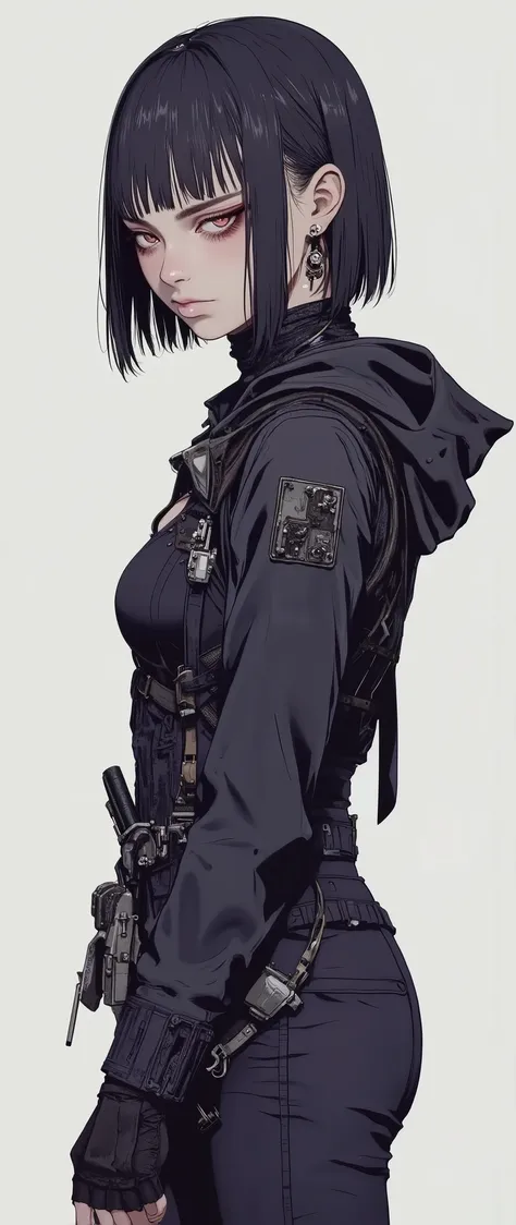 masterpiece, latest, very aesthetic, A very beautiful 25 year old girl, mixed race oriental, oriental features, hair with straight cyberpunk style bangs, black hair and medium length, she is wearing a cyberpunk style hood, "Assassins Creed" style clothes w...