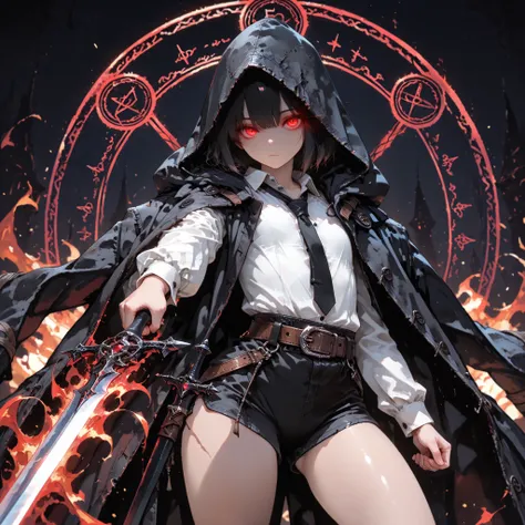 ((Best Quality)), ((masterpieces)), (detailed), perfect face, SOLO, ((((femboy)))), tomgirl, ANIME, beautiful detailed eyes, BOB hair, BOBed hair, BLACK hair, RED EYES, expressionless, hooded, Magical Eyes, dark background, ((BLACK HOODED coat draped over ...