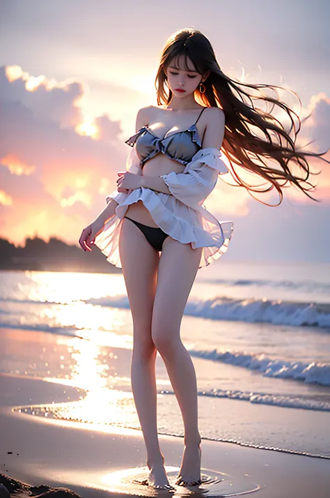 frilled shirt collar, long sleeves, frilled panties, shrug \(clothing\), crop top,black panties,  ,,((full body, from below)), (masterpiece, best quality, ultra-detailed, 8k), realistic, a beautiful sexy long-legged model on a tropical beach, (I-type Valle...