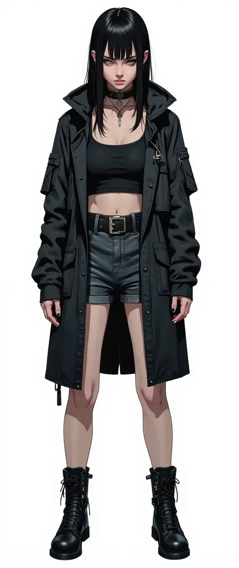 masterpiece, latest, very aesthetic, A very beautiful 28 year old adult woman, sexy body, mixed race oriental, oriental features, cyberpunk style hair with straight bangs, black hair and medium length, she is wearing a cyberpunk style hood, "Assassins Cree...