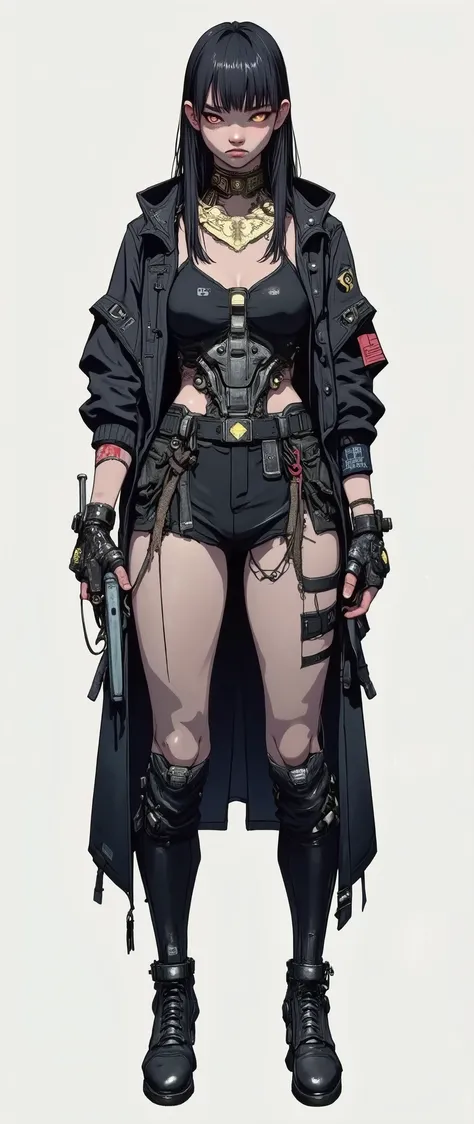 masterpiece, latest, very aesthetic, A very beautiful 28 year old adult woman, sexy body, mixed race oriental, oriental features, cyberpunk style hair with straight bangs, black hair and medium length, she is wearing a cyberpunk style hood, "Assassins Cree...