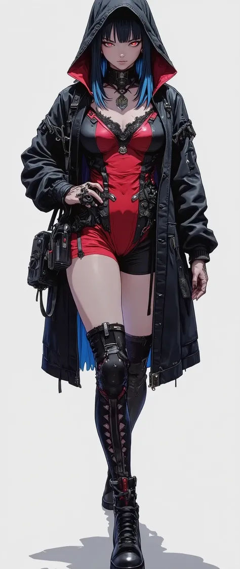 masterpiece, latest, very aesthetic, A very beautiful 28 year old adult woman, sexy body, mixed race oriental, oriental features, straight hair with two side bangs to the face, cyberpunk style, blue hair and medium length, she is wearing a cyberpunk style ...
