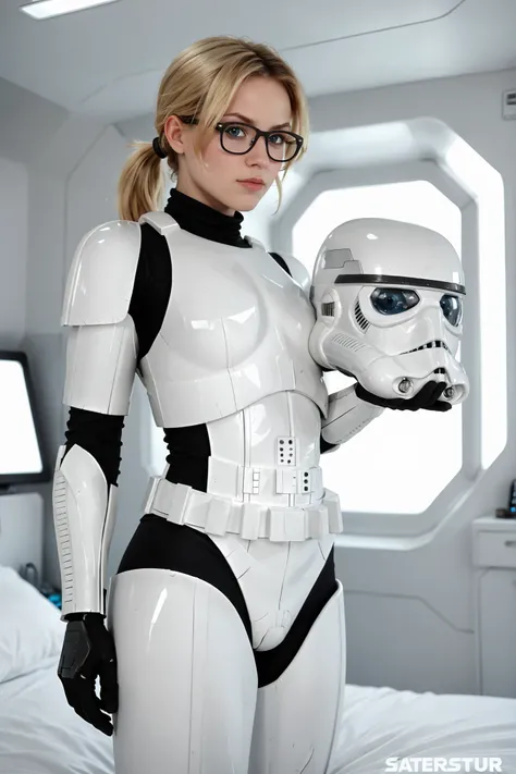 helmet removed, holding helmet,,,armor, leotard, bodysuit, greaves, black gloves, ,ctiantk421, solo,,caucasian,female,(teen:1.4),blonde hair,low ponytail,pale blue eye color,Perfect body,glasses,spaceship bedroom