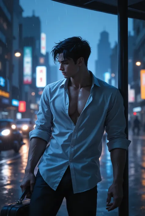 (Masterpiece, high detail, best image, high resolution).  a young  salaryman standing at a bus stop during heavy rain. His hair is soaked, water dripping down his face, his shirt clinging to his body, show him six pack He gazes down sadly, clutching a brie...