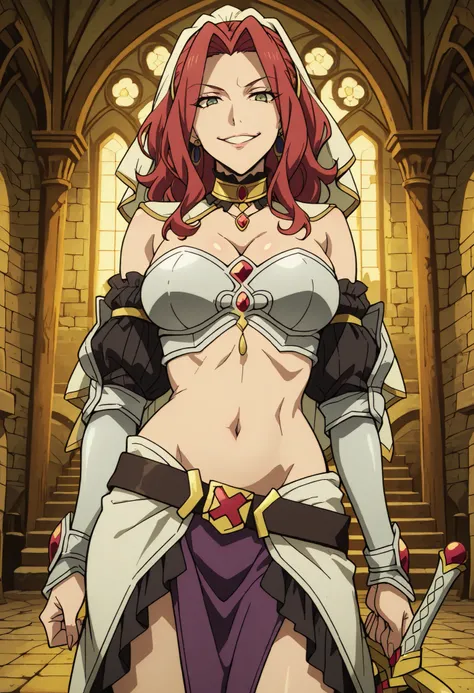 masterpiece, anime coloring, newest,   Malty S Melromarc, Main Outfit, solo, looking at viewer, castle,inside castle, masterpiece, best quality, highly detailed ,gold_choker, complex detailed
background, inside, holding a sword, sword,harem_outfit,navel, n...