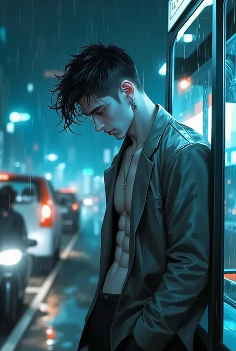 (Masterpiece, high detail, best image, high resolution). a young salaryman standing at a bus stop during heavy rain. His hair is soaked, water dripping down his face, his shirt clinging to his body, show him six pack He gazes down sadly, clutching a brie...
