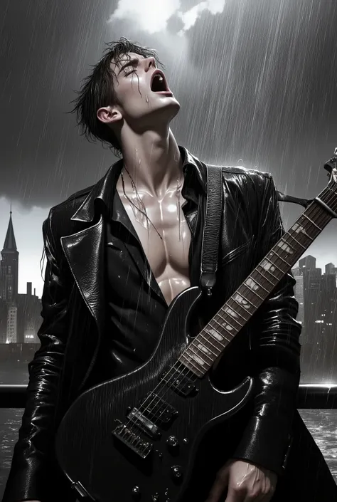 phwamen,(masterpiece, best quality:1.2), YOUNG MEN standing in the HEAVY rain, close-up on her screaming face, heavy rain, wet hair clinging to him face, screaming intensely, eyes closed tightly, punk rock clothes, black and white, monochromatic, wet cloth...