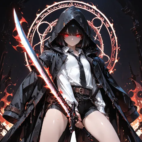 ((Best Quality)), ((masterpieces)), (detailed), perfect face, SOLO, ((((femboy)))), tomgirl, ANIME, beautiful detailed eyes, BOB hair, BOBed hair, BLACK hair, RED EYES, expressionless, hooded, Magical Eyes, dark background, ((BLACK HOODED coat draped over ...