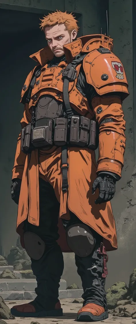 A 40-year-old man, ex-military, has curly orange hair, wears a short beard, is thin and tall, wears orange armor similar to that of the space marines from Warhammer 40km, close-up scene, he is bald, friendly and charismatic appearance, HE IS FRONT, HE IS L...