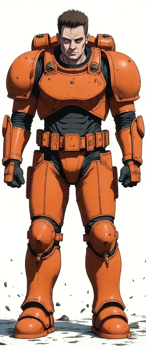masterpiece, latest, very aesthetic, Image showing a middle-aged man with anime features similar to the anime 'Vampire Hunter D Bloodlust', he has brown hair, is a former marine, Warhammer 40k, armor based on the space marine from Warhammer 40k, orange col...