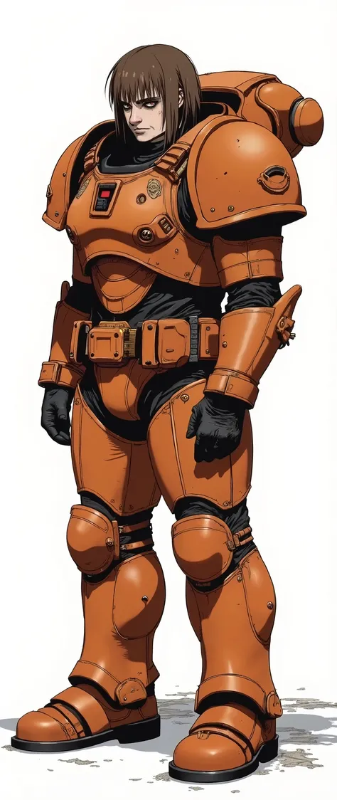 masterpiece, latest, very aesthetic, Image showing a middle-aged man with anime features similar to the anime 'Vampire Hunter D Bloodlust', he has brown hair, is a former marine, Warhammer 40k, armor based on the space marine from Warhammer 40k, orange col...