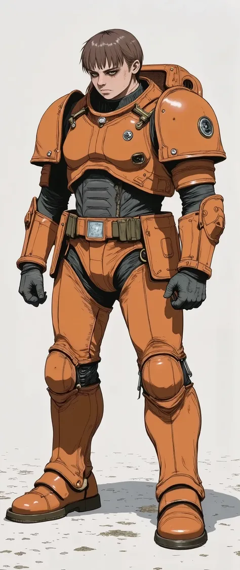 masterpiece, latest, very aesthetic, Image showing a middle-aged man with anime features similar to the anime 'Vampire Hunter D Bloodlust', he has brown hair, is a former marine, Warhammer 40k, armor based on the space marine from Warhammer 40k, orange col...