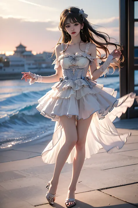 wlyg (manaka nemu),wathet dress ,,((full body, from below)), (masterpiece, best quality, ultra-detailed, 8k), realistic, a beautiful sexy long-legged model on a tropical beach, (I-type Valley), (Full breasts, visible cleavage, very short skirt hem, exposed...