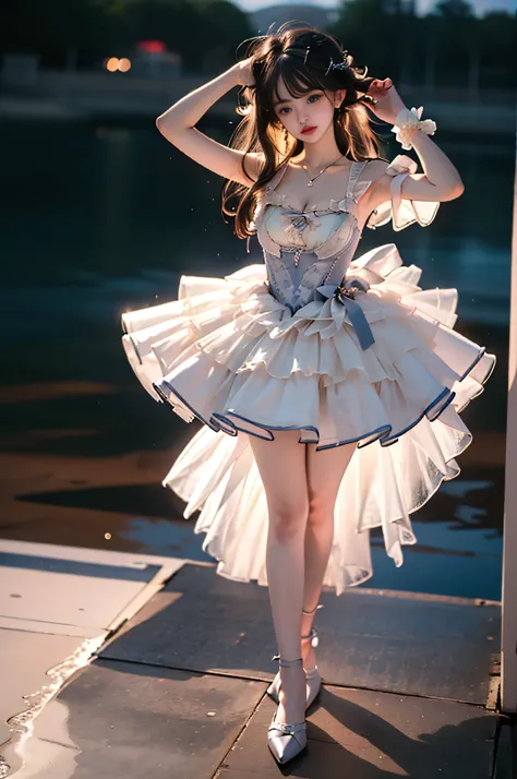 wlyg (manaka nemu),wathet dress ,,((full body, from below)), (masterpiece, best quality, ultra-detailed, 8k), realistic, a beautiful sexy long-legged model on a tropical beach, (I-type Valley), (Full breasts, visible cleavage, very short skirt hem, exposed...