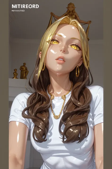 a very sexy, female statues stand next the large sculpture while the man looks on, statue, shiny clothes, breasts, jewelry, 1girl, earrings, skin tight, shiny, covered navel, small breasts, yellow eyes, yellow hair, yellow eyes, yellow hair, yellow sclera,...