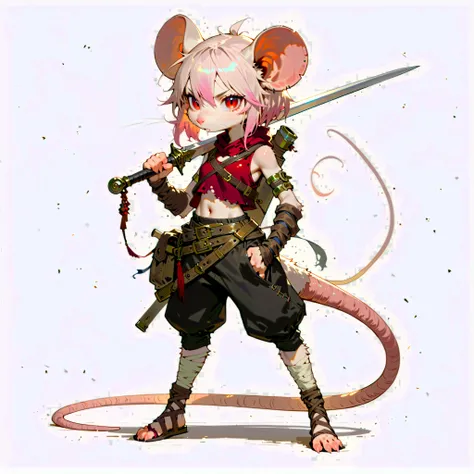 (((masterpiece))), (((Best Quality))), ((Ultra-detailed)), (anime Illustration), ((extremely delicate and beautiful)),solo, Full body, fantasy albino wererat girl, Fluffy Fur, furry, short pale pink hair, red eyes, rat head, rat ear, rat tail, ((ragged red...