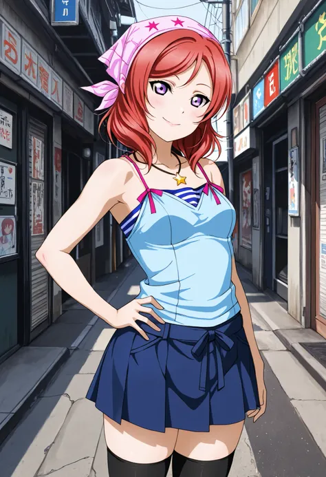 Masterpiece, best quality, love live,standing, cowboy shot,nishikino maki,bandana,camisole, tube top, star necklace, black thighhighs, skirt,zettai_ryouiki, japan streets, looking at viewer,solo, smile,hand on hip, lively image
