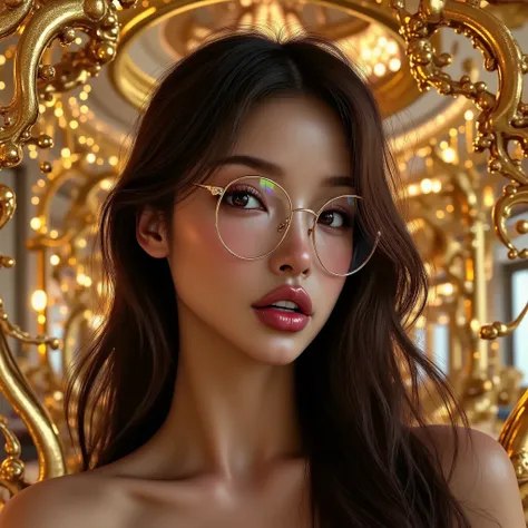 A glamorous woman with tousled waves and a flirtatious smile, glasses, set against a luxurious, opulent gold backdrop, adorned with fractal patterns.