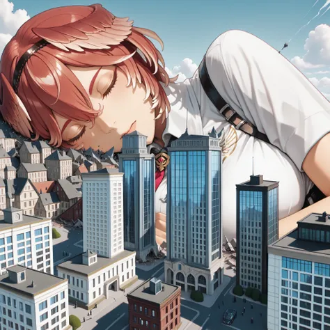 masterpiece, best quality, great quality, very detailed,"Takane Lui " are sleeping in each other's arms, The gigantic "Takane Lui "  towering higher than any building, Miniature cities, ruined miniature cities,Densely packed buildings, Destroying buildings...
