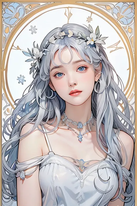 (Beautiful fair-skinned woman), (Gentle smile like a girl), Clear light blue eyes, (Long loosely curled white hair), Close-up, Portrait, (White shirt), (Slender figure), Small ice necklace, (Cold ice world), Entire building made of ice, Ice room, Small tra...