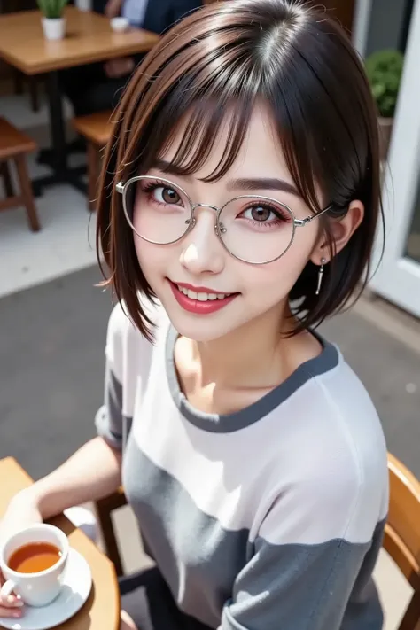 shot from above, Bust Top Shot , Street, short hair, working on a computer with slender eyes, Japanese, black eyes, ((silver rimmed glasses 1.5)), smiles softly,( white and grey border shirt), black miniskirt, cafe terrace seat, I'm having tea