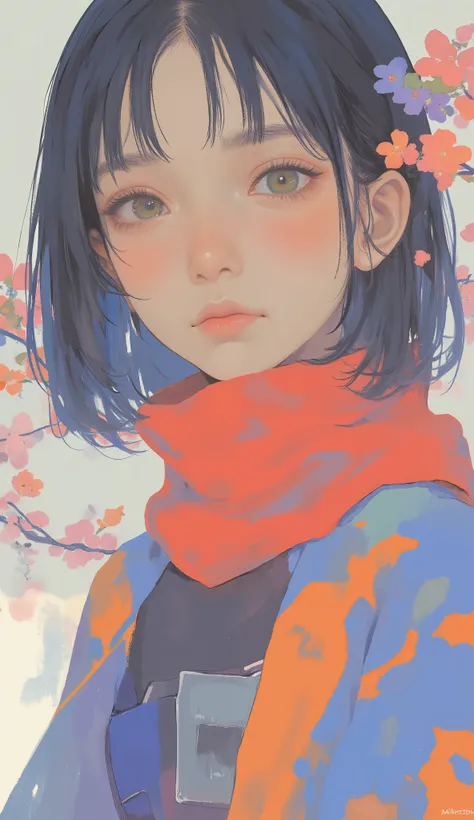 There is a woman wearing a red scarf and a blue and orange jacket, inspired by Shinsui Ito, beautiful artistic illustration, shinsui ito, detailed portrait of an anime girl, japanese illustrator, Jin Non, digital animated illustration, exquisite digital i...