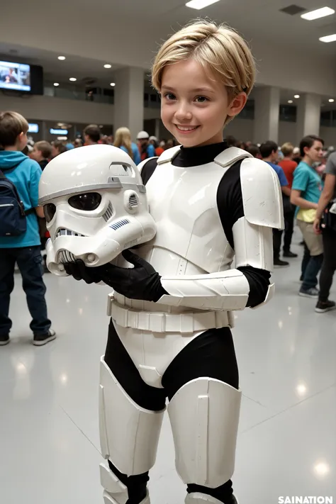 helmet removed, holding helmet,armor, leotard, bodysuit, greaves, black gloves,ctiantk421, solo,,caucasian,girl,((((teen:1.4)))),((((child:1.4)))),blonde hair,very short cut hair,smile,Comic convention