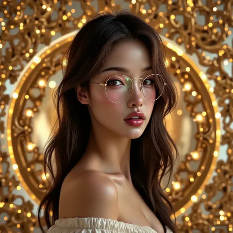 A glamorous woman with tousled waves and a flirtatious smile, glasses, set against a luxurious, opulent gold backdrop, adorned with fractal patterns.