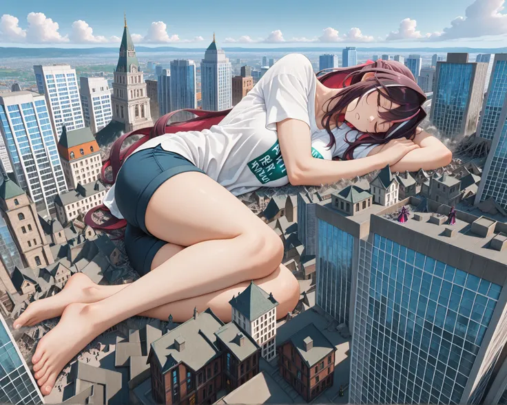 masterpiece, best quality, great quality, very detailed,"AZKi " are sleeping in each other's arms, The gigantic "AZKi " towering higher than any building, Miniature cities, ruined miniature cities,Densely packed buildings, Destroying buildings: "AZKi "