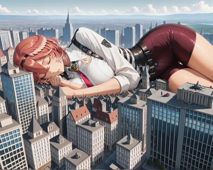 masterpiece, best quality, great quality, very detailed,"Takane Lui " are sleeping in each other's arms, The gigantic "Takane Lui " towering higher than any building, Miniature cities, ruined miniature cities,Densely packed buildings, Destroying buildings...