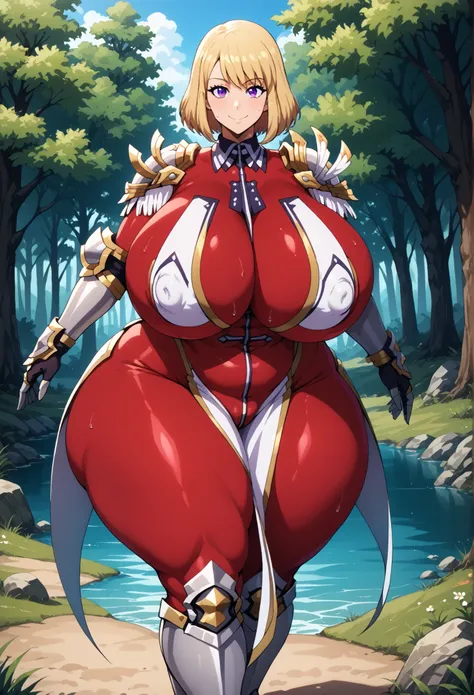 safe_pos, score_8_up, score_7, (source anime:1.2),  shizuku kousaka (na honjaman level up), short hair, blonde hair, purple eyes, hunter outfit, red bodysuit, pauldrons, epaulettes, cape, gauntlets, black gloves, armored boots, (huge breast, hyper nipples,...