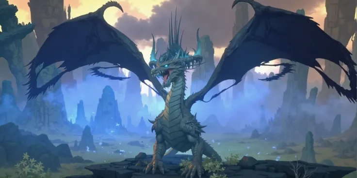 FlutenEpicDragon,0.8，to create a sharp contrast., Its huge wings spread out。suggests a serene and powerful atmosphere, The impressive span, ，The edges are translucent blue，is close to the human body. ，It's a tetentured mitenture of gray and light blue, bon...