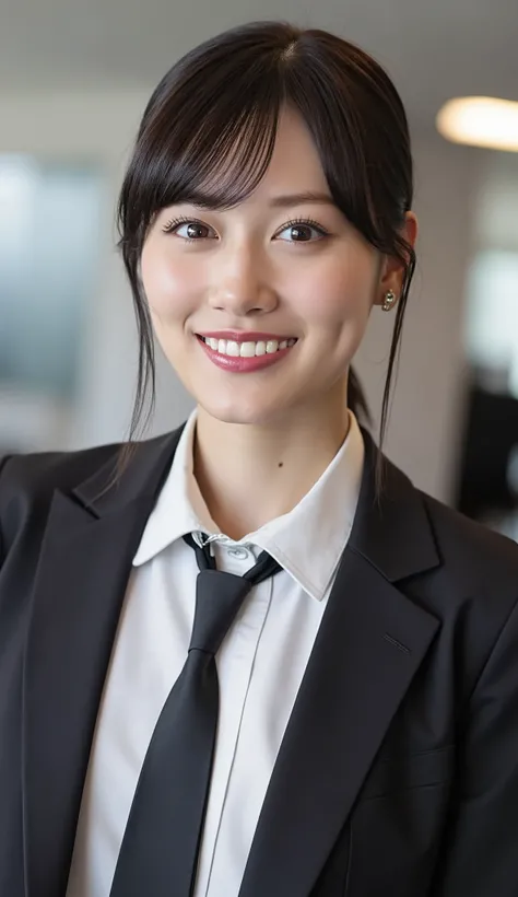 Neat Young Woman、and look at the camera、office lady suit、jacket、shirt、necklace、ear piercing、 、、smile showing teeth、、background is office