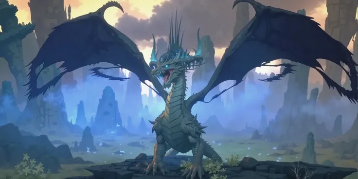 FlutenEpicDragon,0.8，to create a sharp contrast., Its huge wings spread out。suggests a serene and powerful atmosphere, The impressive span, ，The edges are translucent blue，is close to the human body. ，It's a tetentured mitenture of gray and light blue, bon...