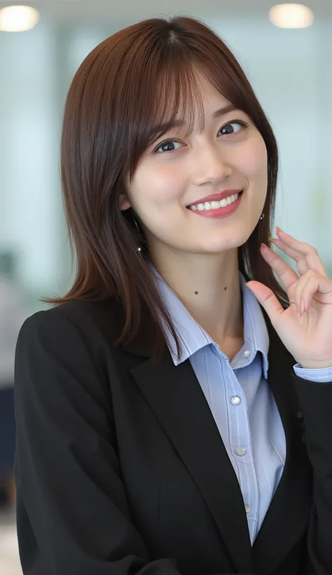 Neat Young Woman、and look at the camera、office lady suit、jacket、shirt、necklace、ear piercing、 pale brown hair、髪型セミロング、smile showing teeth、、background is office